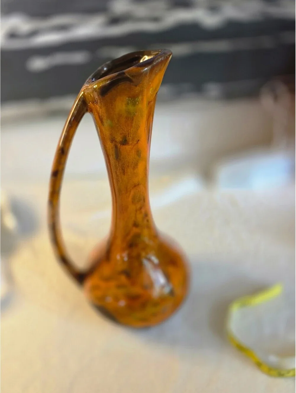 Brown Drip Glaze Ceramic Ewer Vase Tall Handled Pitcher 13 Inch